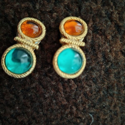 Gold-plated earrings with clip orange and turquoise like new