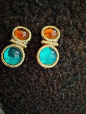 Gold-plated earrings with clip orange and turquoise like new