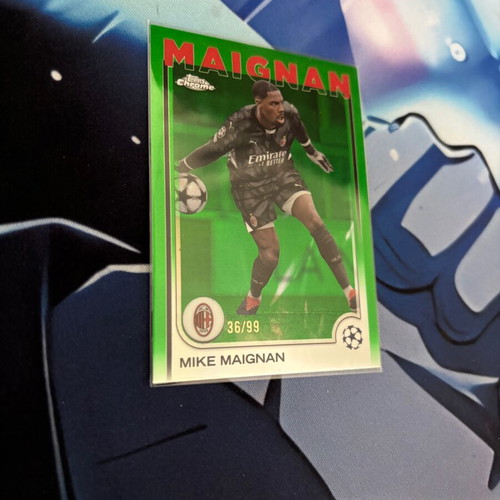 Mike Maignan 2024-25 Topps Chrome UEFA Club Competitions Green Refractor card near mint