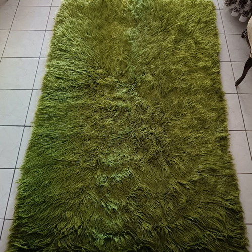 Green flokati rug used, wool, 2.35x1.40 m