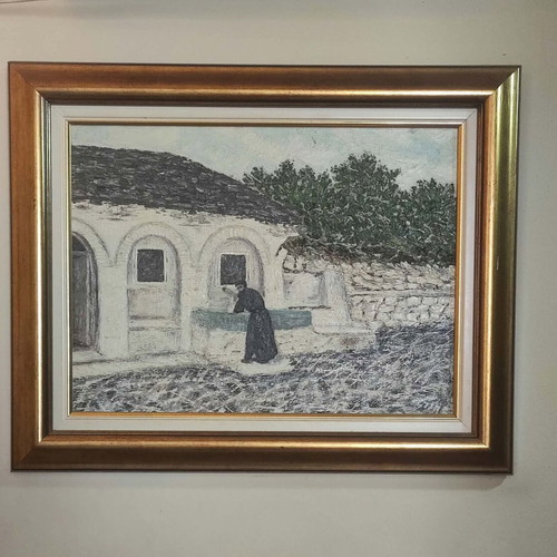 Oil painting of traditional Greek landscape with wooden frame
