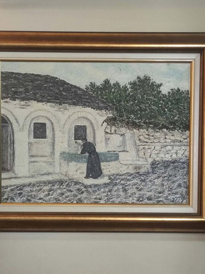 Oil painting of traditional Greek landscape with wooden frame