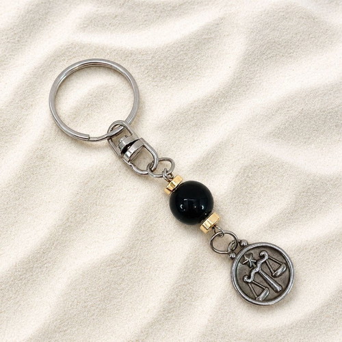 Handmade Libra Keychain with Onyx and Hematite Stones, new