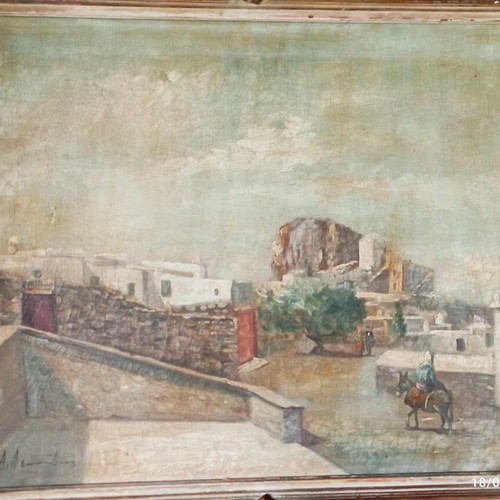 Oil painting on canvas Fort of Naxos used, A. Lefkadios, 1950s