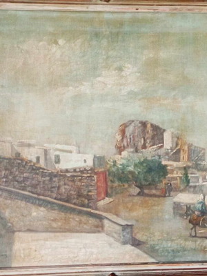 Oil painting on canvas Fort of Naxos used, A. Lefkadios, 1950s