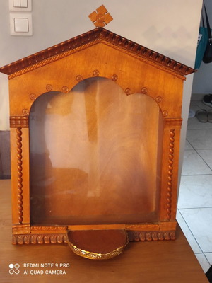 Old Wooden Icon Stand with Glass Handmade