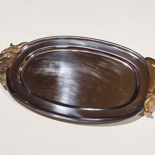 Serving platters used, stainless steel with brass engravings, set of 3