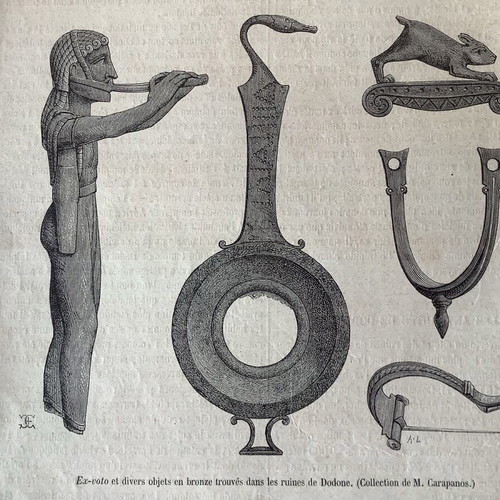 Ξυλογραφία 1880 των ευρημάτων του Καραπάνου από το θέατρο της αρχαίας Δωδώνης μεταχειρισμένη 19x14 cm