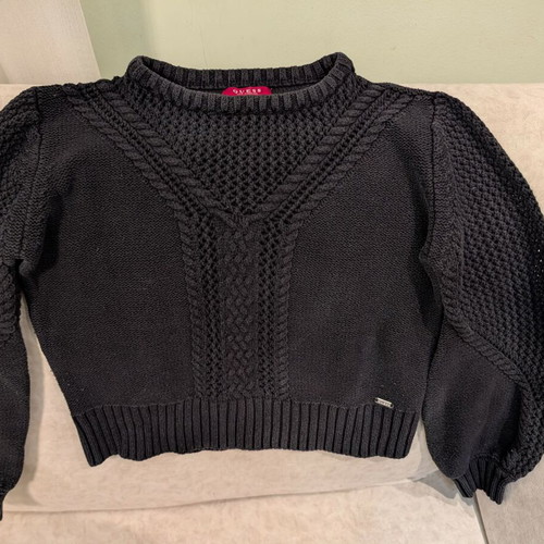 Guess women's sweater used, black with cable knit and puff sleeves