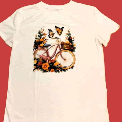 White mako t-shirt with colorful bicycle and flowers print, like new, size L