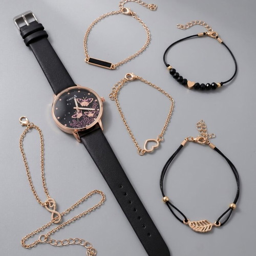 Women's watch set with butterflies and 5 matching bracelets new, black