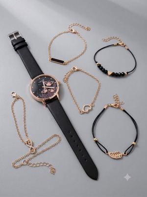 Women's watch set with butterflies and 5 matching bracelets new, black