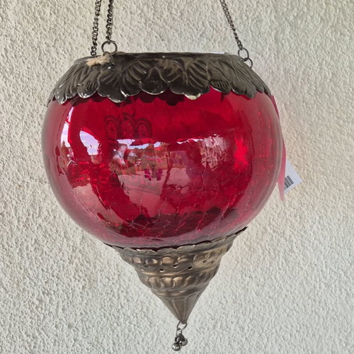 Mediterranean hanging lantern with red cracked glass sphere used