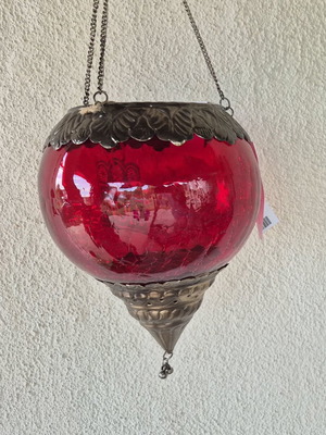 Mediterranean hanging lantern with red cracked glass sphere used