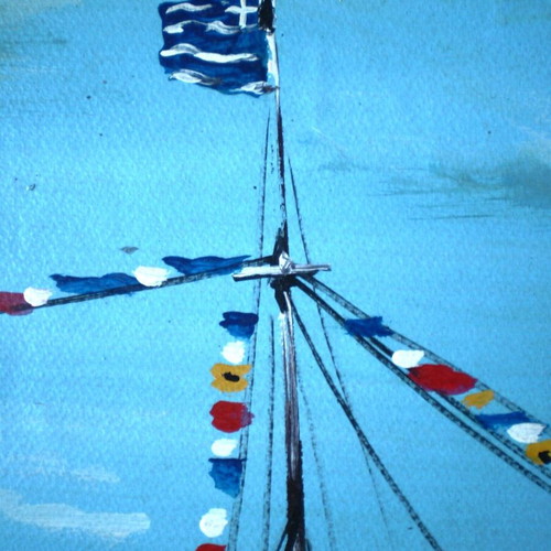 Πίνακας ζωγραφικής μεταχειρισμένος, Λήμνος ατμόπλοιο, Μιχάλης Βαρελάς λάδι σε χαρτόνι