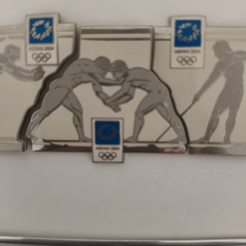 Athens 2004 Olympic pins set with ancient wrestlers, framed