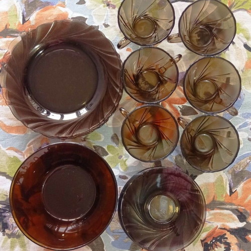 Tempered amber brown glass dinnerware set