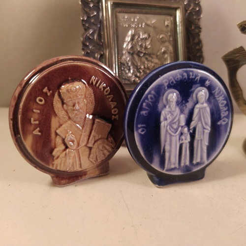 Set of 4 church incense burner brass and ceramic icons like new