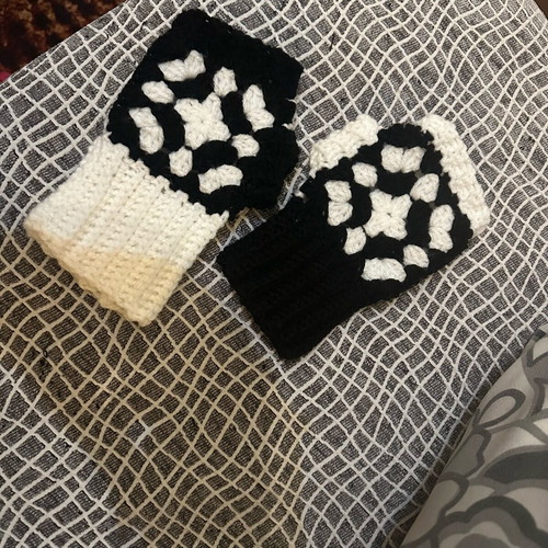 Knitted handmade fingerless gloves black and white with granny square design made to order