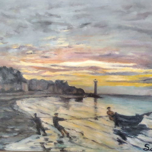 Painting new, copy of Hauling a Boat Ashore Honfleur 1864 Claude Monet
