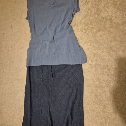 Dusty Blue Set like new, linen midi skirt and top with V-neck