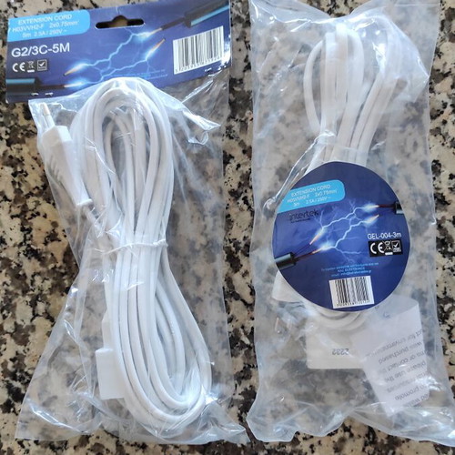 Extension cords with bipolar plug, new, 3m and 5m white cables