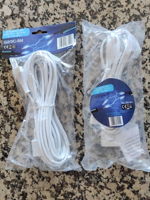 Extension cords with bipolar plug, new, 3m and 5m white cables