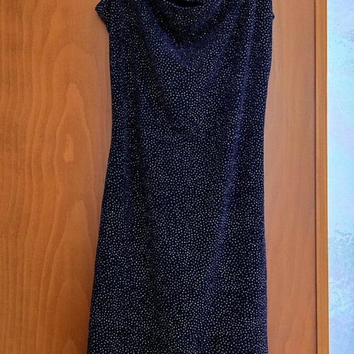 Black dress with purple silver details, elegant fit, thin straps