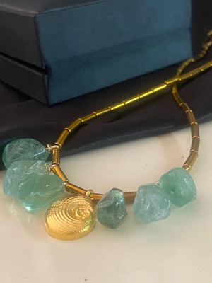 Handmade necklace with fluorite, hematite and steel shell motif new