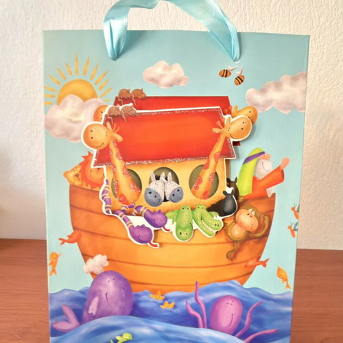 Noah's Ark gift bag with satin ribbon handle