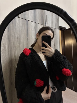 Handmade Puffy jacket new, black with red strawberries