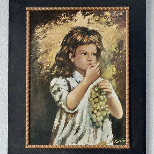 Vintage ξύλινος πίνακας «Κορίτσι με σταφύλια» 50x40 εκ.
