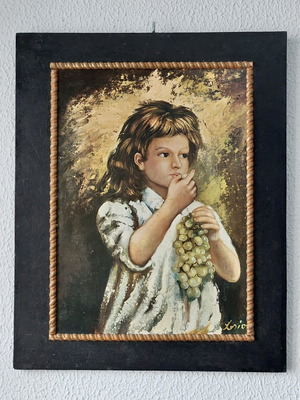 Vintage ξύλινος πίνακας «Κορίτσι με σταφύλια» 50x40 εκ.