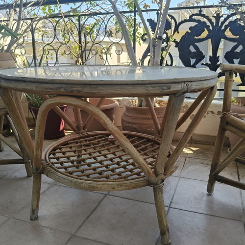 Bamboo balcony coffee lounge set with 2 armchairs and round glass table