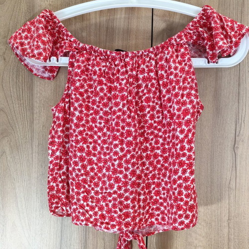 Clockhouse Off-The-Shoulder Floral Button-Front Tie-Hem Crop Top XS 34