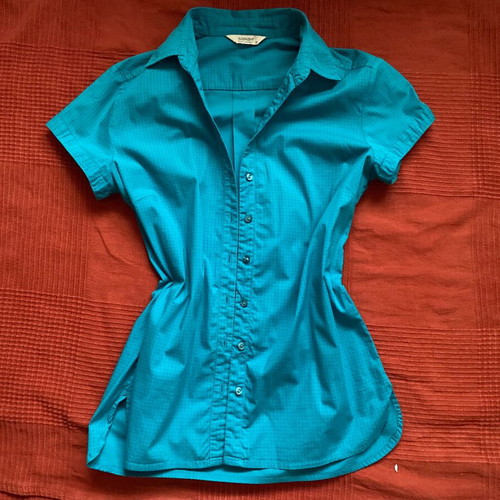 Sarah Lawrence turquoise fitted short-sleeve shirt, women's