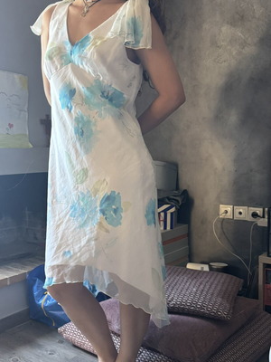 Real Y2K Floral Dress Like New, Asymmetrical Blue and White