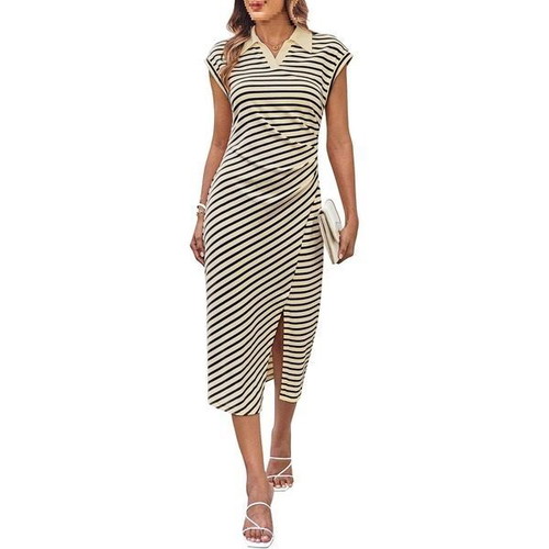 Grace Karin women's striped midi dress with slit and short sleeves, L