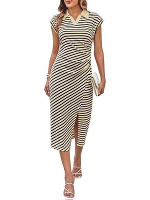 Grace Karin women's striped midi dress with slit and short sleeves, L