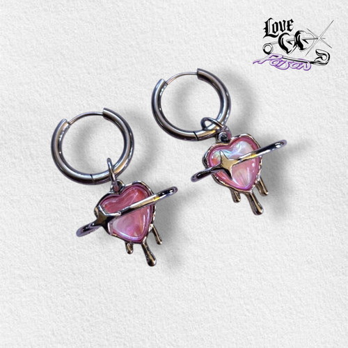 Love X Poison Handmade Stainless Steel Silver Hoop Earrings with Pink Heart Charms