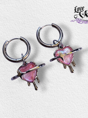 Love X Poison Handmade Stainless Steel Silver Hoop Earrings with Pink Heart Charms