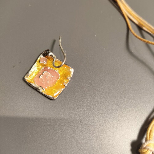 Handmade jewelry set with yellow and pink enamel pendant and earrings