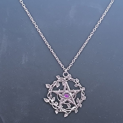 Pentagram Necklace with Purple Stone and Leaf Design new