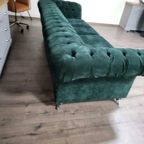 Large green Chesterfield fabric sofa new, four-seater