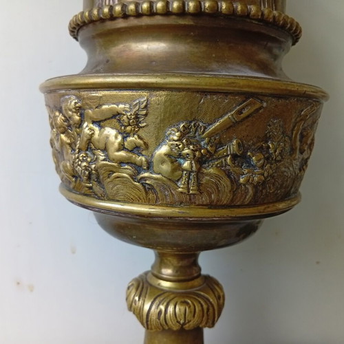 Brass table lamp with bronze bas-reliefs, 43.5 cm