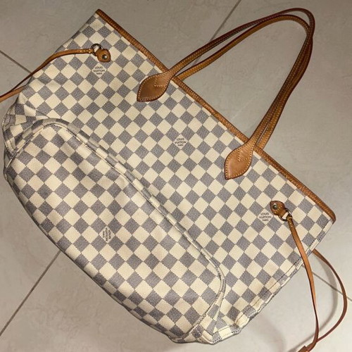 Louis Vuitton Neverfull MM ώμου τσάντα μεταχειρισμένη, καμβάς Damier Azur
