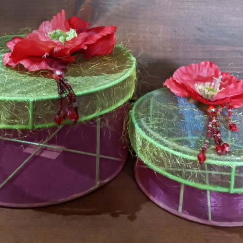 Organza storage boxes with poppies set of two new