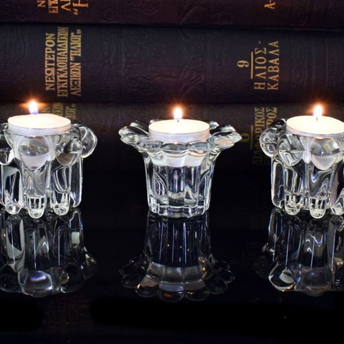 Set of 3 candlesticks used, heavy transparent glass