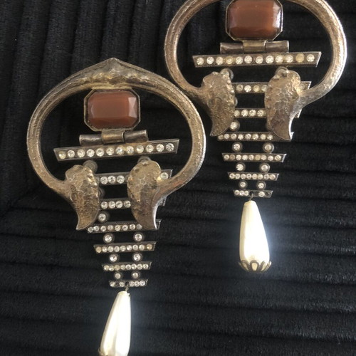Vintage statement earrings like new, gold and silver with crystals and pearl