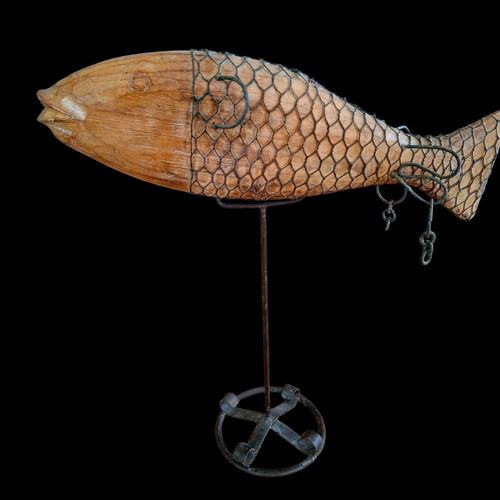 Wood and iron decorative fish sculpture, handmade